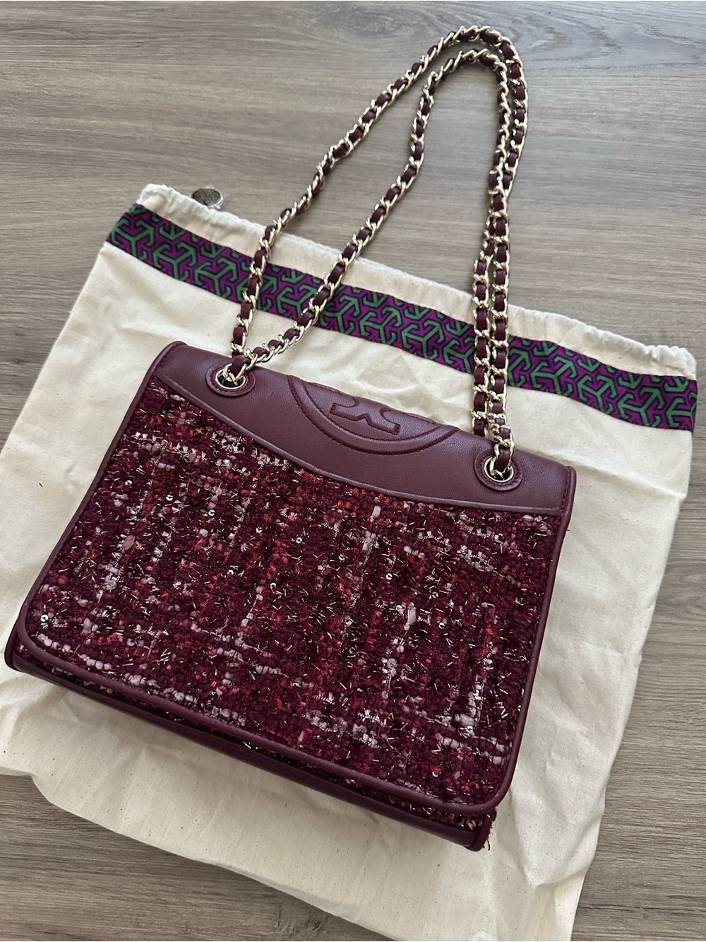 Tory Burch FLEMING Burgundy Tweed Chain-Strap Shoulder Bag